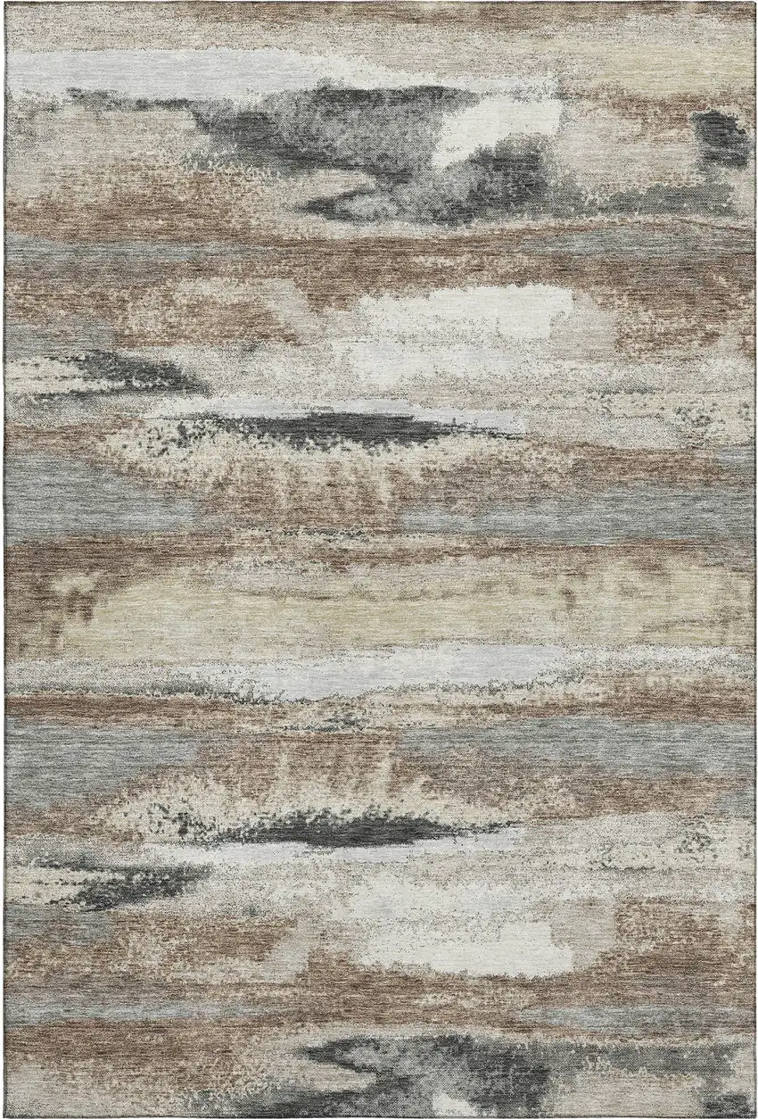 Taupe Beige And Brown Abstract Washable Area Rug With UV Protection Photo 1