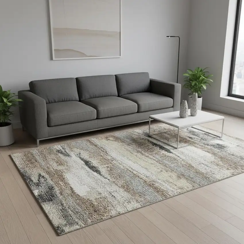 Taupe Beige And Brown Abstract Washable Area Rug With UV Protection Photo 2