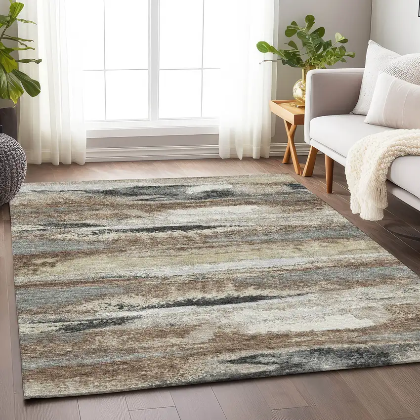 Taupe Beige And Brown Abstract Washable Area Rug With UV Protection Photo 3