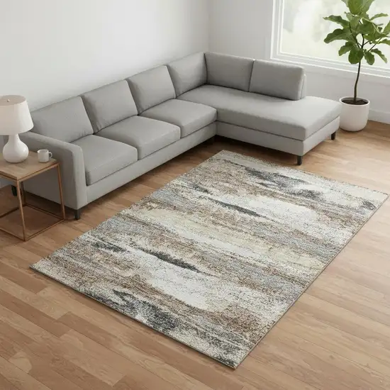 Taupe Beige And Brown Abstract Washable Area Rug With UV Protection Photo 2