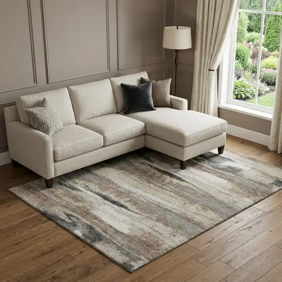 Taupe Beige And Brown Abstract Washable Area Rug With UV Protection Photo 1