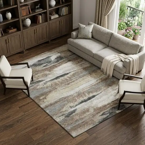 Taupe Beige And Brown Abstract Washable Area Rug With UV Protection Photo 1