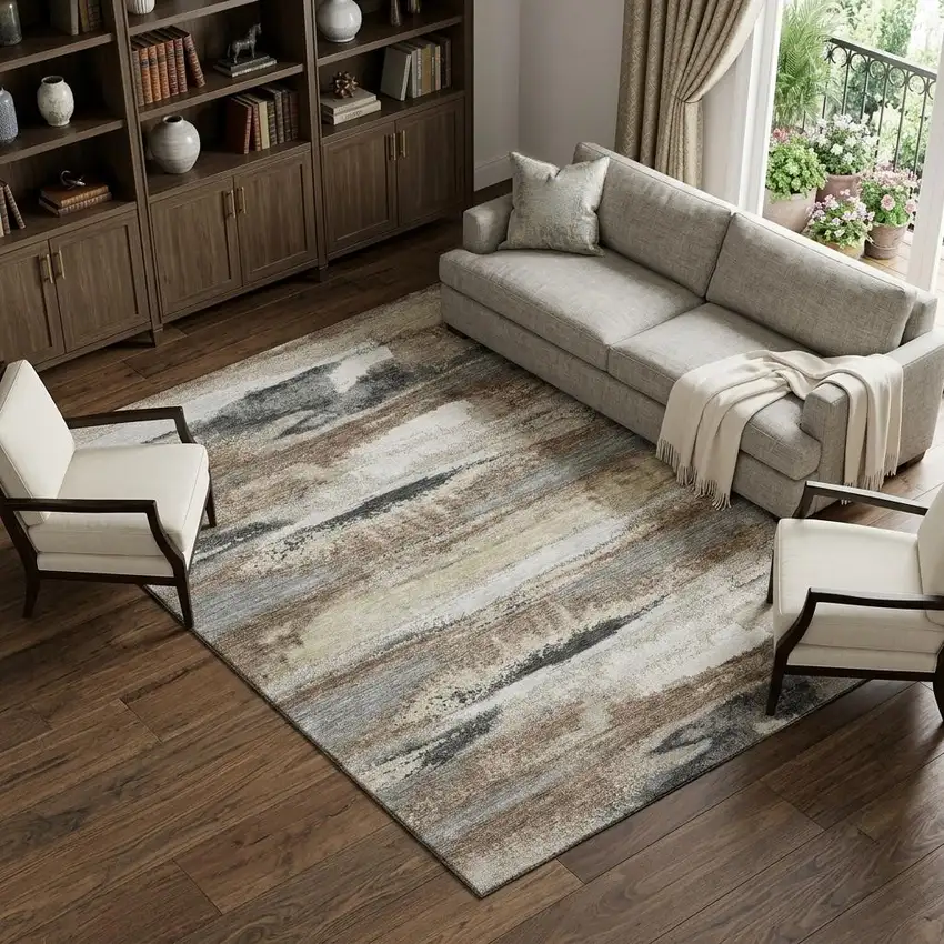 Taupe Beige And Brown Abstract Washable Area Rug With UV Protection Photo 1