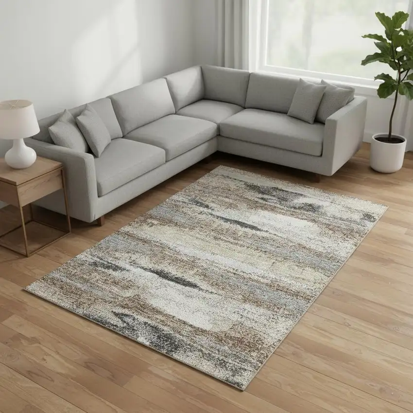 Taupe Beige And Brown Abstract Washable Area Rug With UV Protection Photo 2