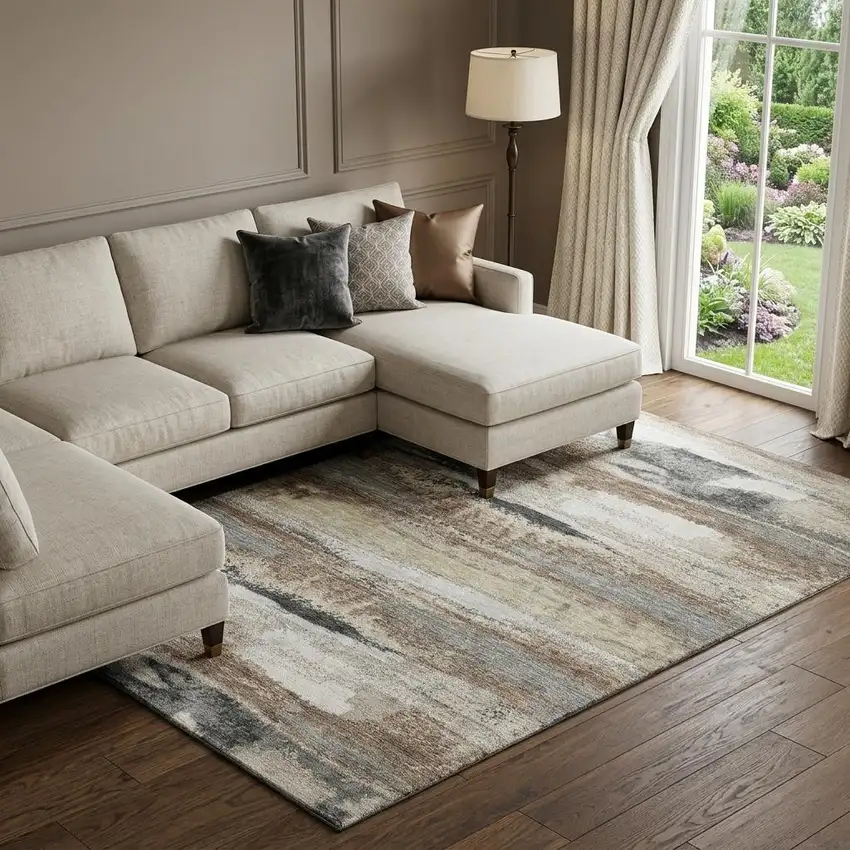 Taupe Beige And Brown Abstract Washable Area Rug With UV Protection Photo 1