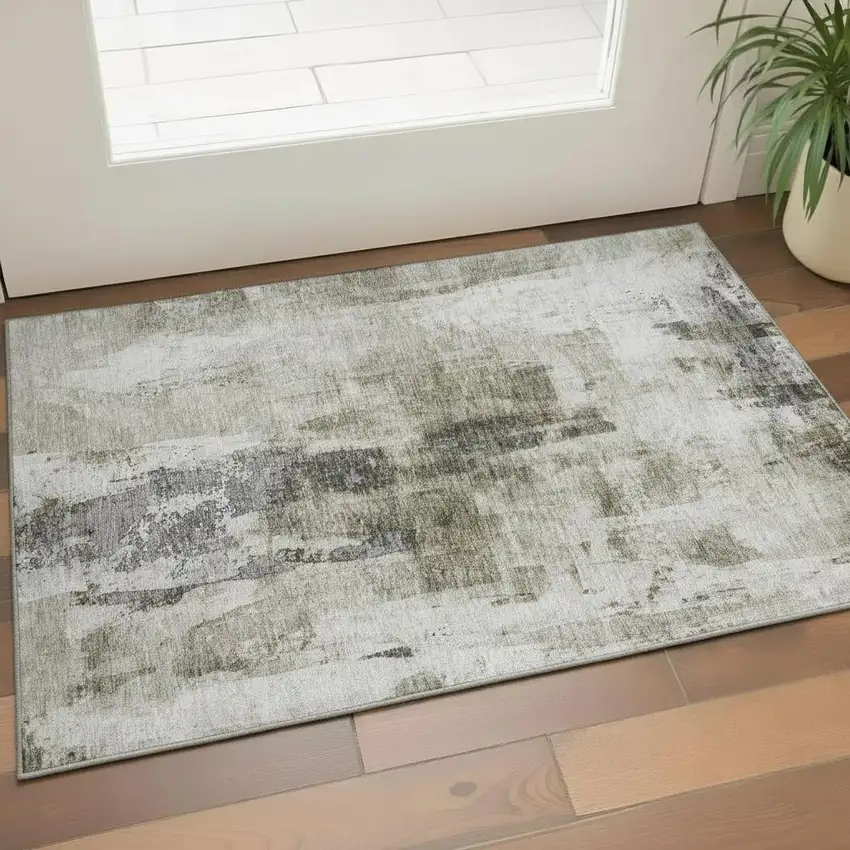 Taupe Beige And Brown Abstract Washable Area Rug With UV Protection Photo 2