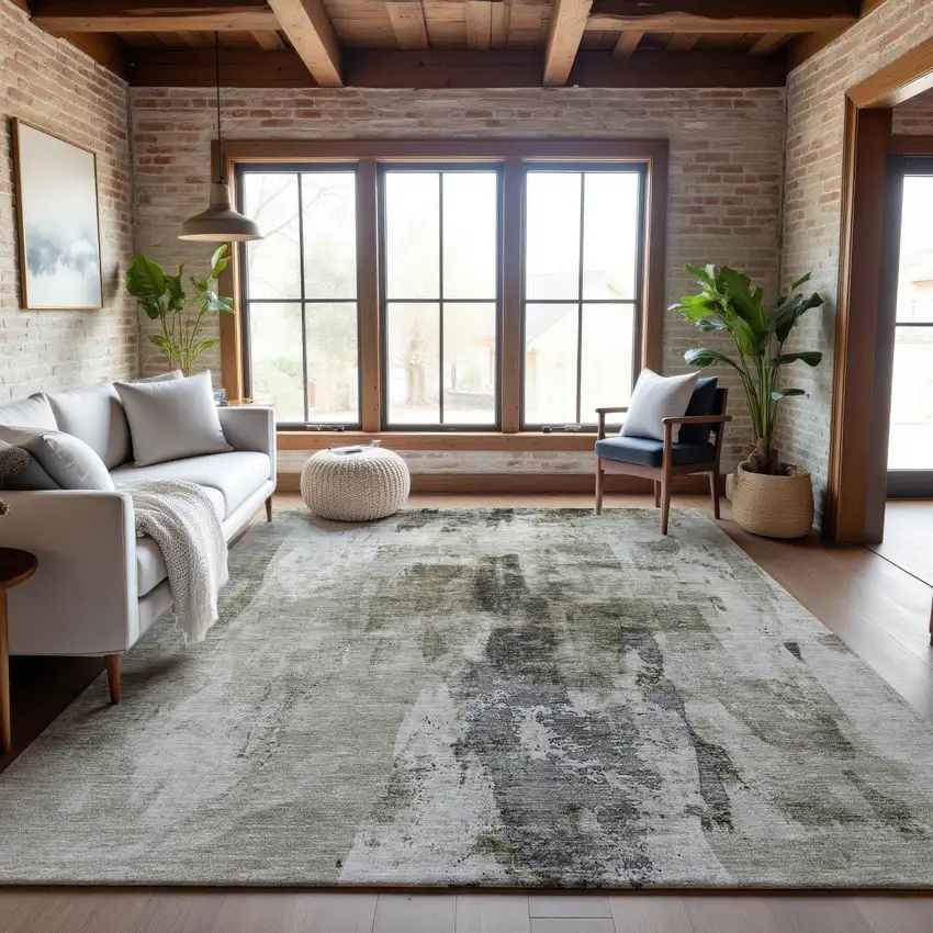 Taupe Beige And Brown Abstract Washable Area Rug With UV Protection Photo 4