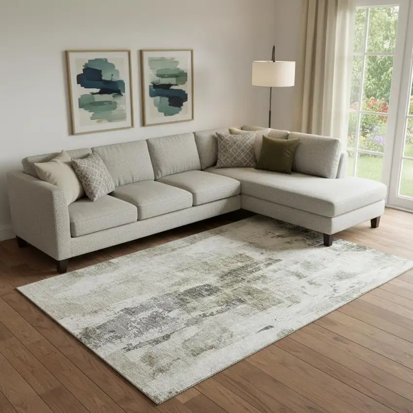 Taupe Beige And Brown Abstract Washable Area Rug With UV Protection Photo 2