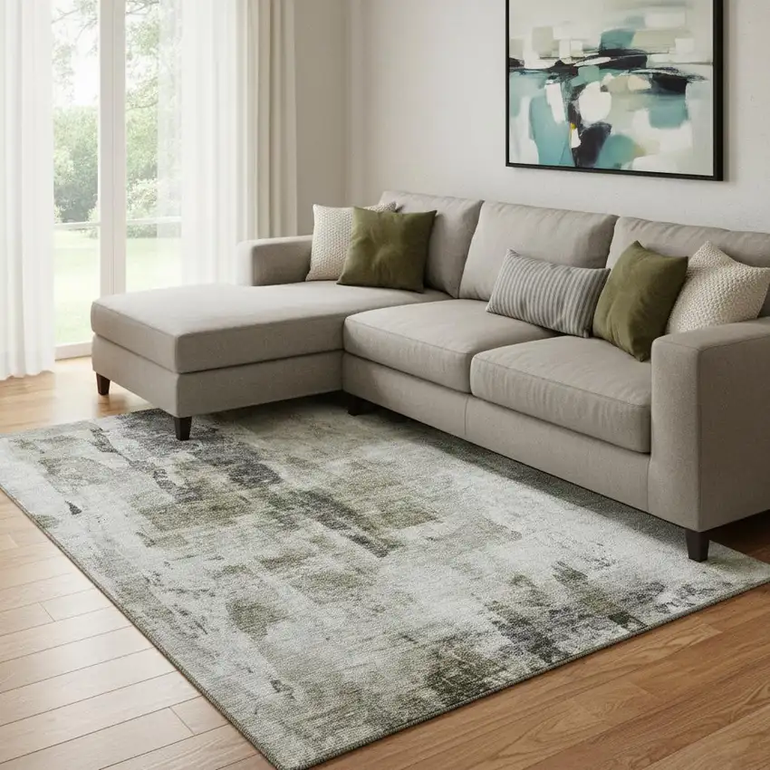 Taupe Beige And Brown Abstract Washable Area Rug With UV Protection Photo 2