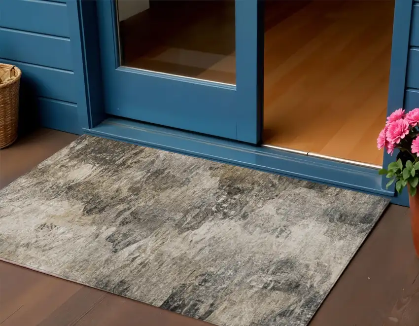 Taupe Beige And Brown Abstract Washable Indoor Outdoor Area Rug Photo 1