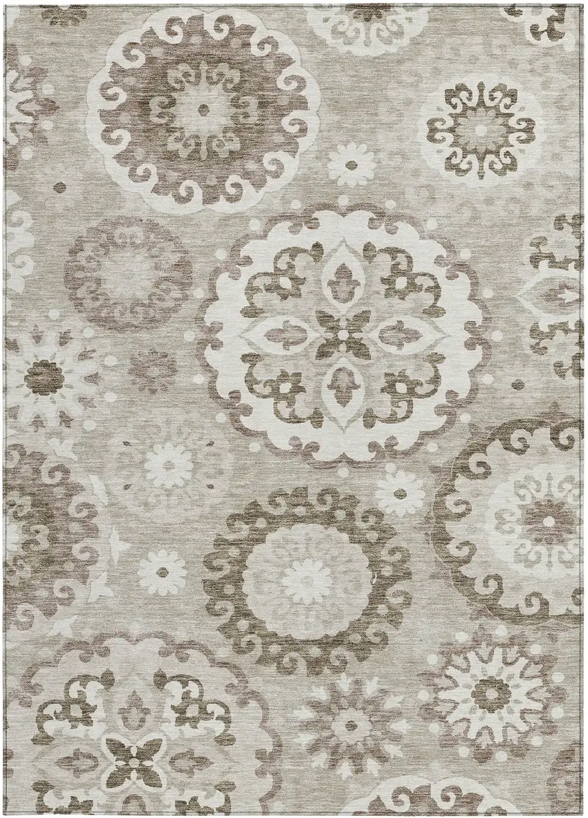 Taupe Beige And Brown Floral Medallion Washable Indoor Outdoor Area Rug Photo 6
