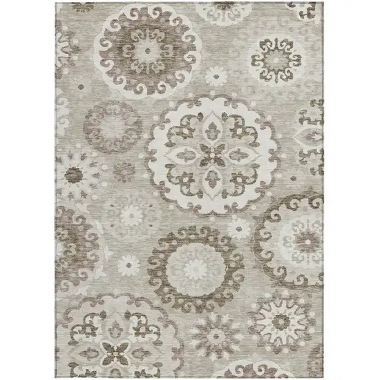 Taupe Beige And Brown Floral Medallion Washable Indoor Outdoor Area Rug Photo 6