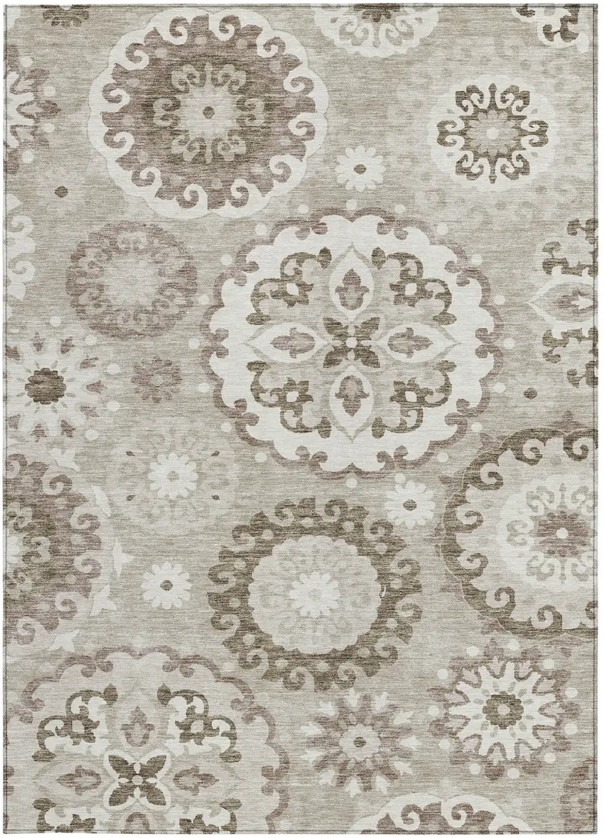 Taupe Beige And Brown Floral Medallion Washable Indoor Outdoor Area Rug Photo 6
