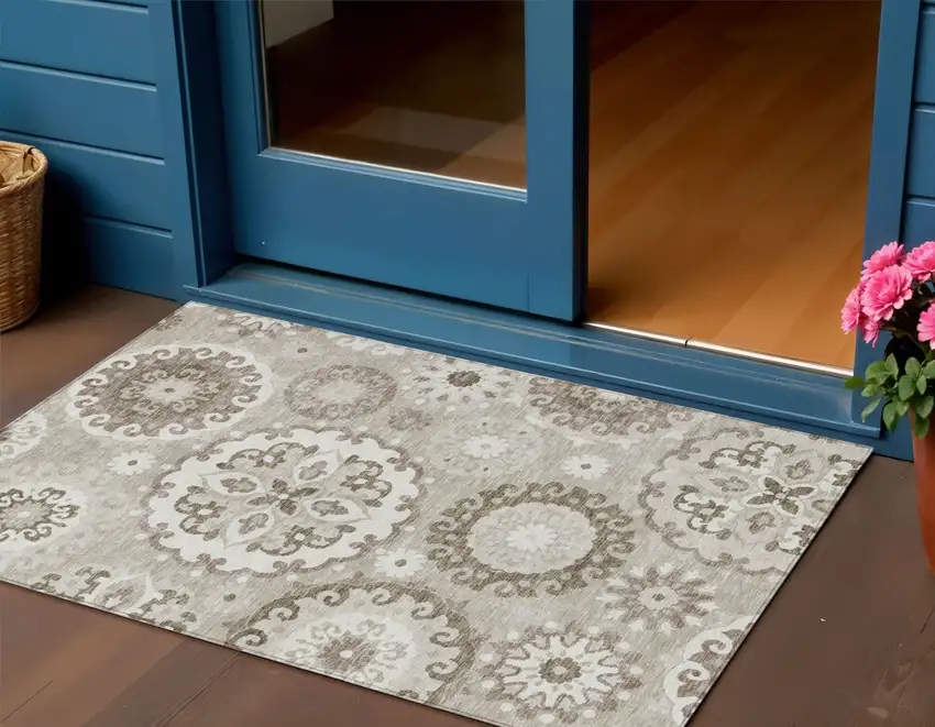 Taupe Beige And Brown Floral Medallion Washable Indoor Outdoor Area Rug Photo 1