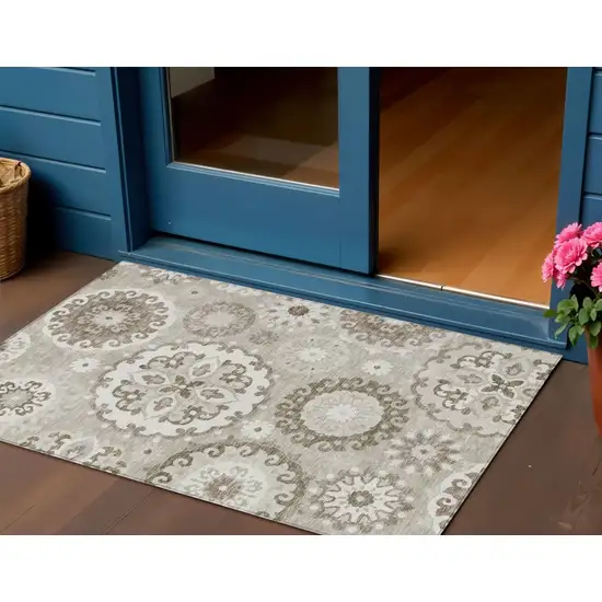 Taupe Beige And Brown Floral Medallion Washable Indoor Outdoor Area Rug Photo 1