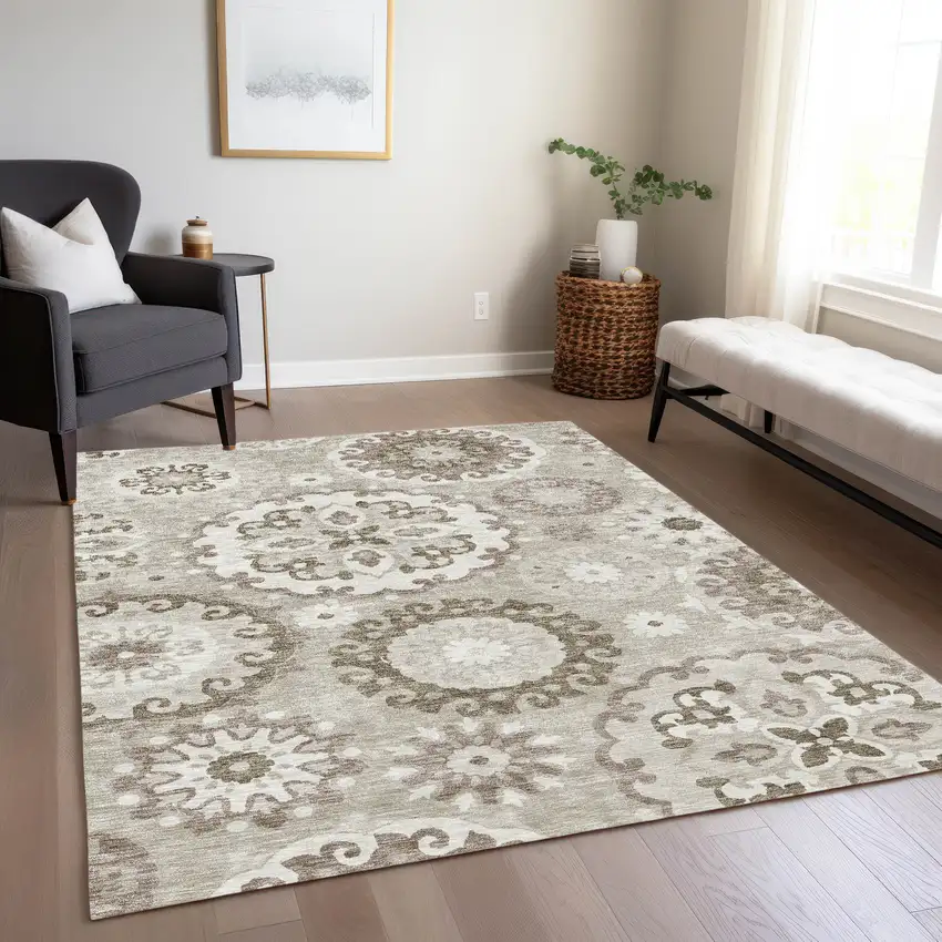 Taupe Beige And Brown Floral Medallion Washable Indoor Outdoor Area Rug Photo 9