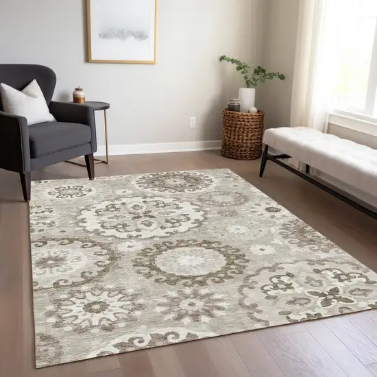 Taupe Beige And Brown Floral Medallion Washable Indoor Outdoor Area Rug Photo 9