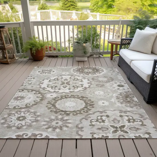 Taupe Beige And Brown Floral Medallion Washable Indoor Outdoor Area Rug Photo 7