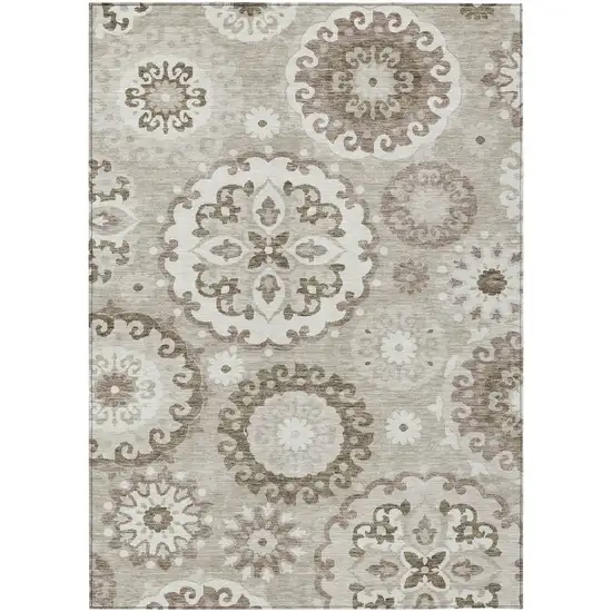 Taupe Beige And Brown Floral Medallion Washable Indoor Outdoor Area Rug Photo 2