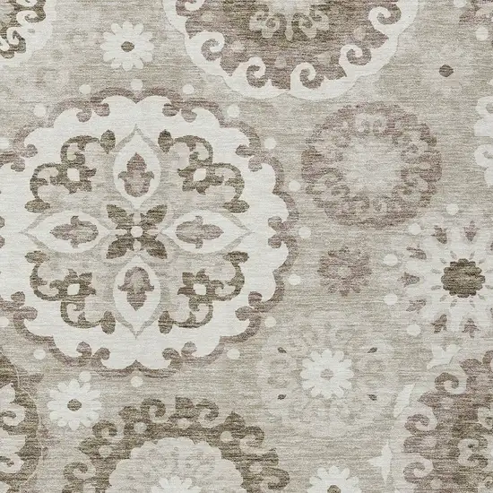 Taupe Beige And Brown Floral Medallion Washable Indoor Outdoor Area Rug Photo 4