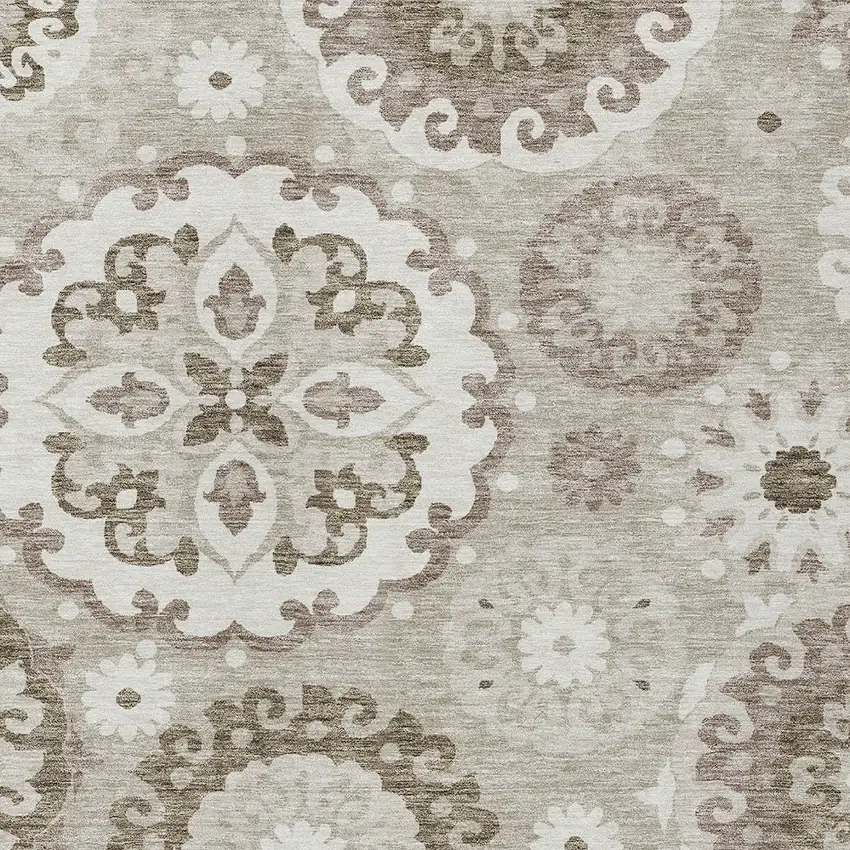 Taupe Beige And Brown Floral Medallion Washable Indoor Outdoor Area Rug Photo 4