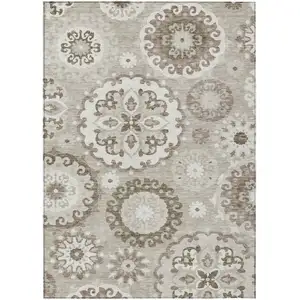 Photo of Taupe Beige And Brown Floral Medallion Washable Indoor Outdoor Area Rug