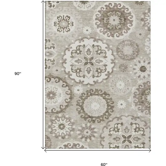 Taupe Beige And Brown Floral Medallion Washable Indoor Outdoor Area Rug Photo 3