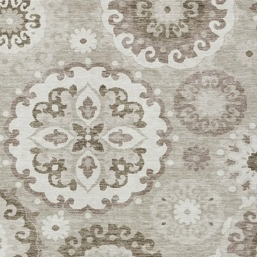Taupe Beige And Brown Floral Medallion Washable Indoor Outdoor Area Rug Photo 4