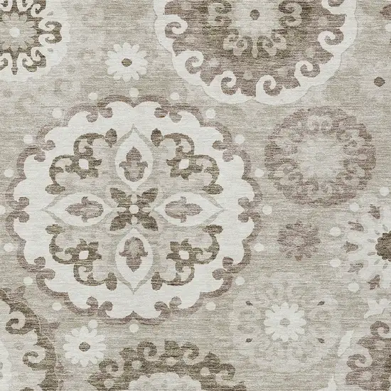 Taupe Beige And Brown Floral Medallion Washable Indoor Outdoor Area Rug Photo 4