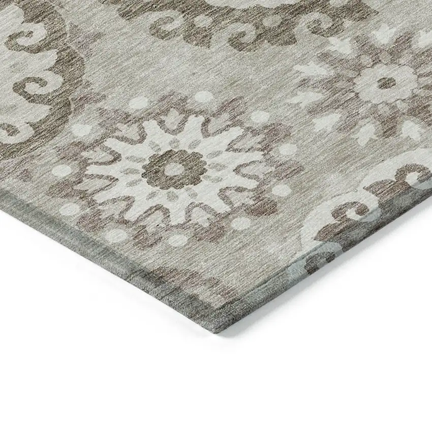 Taupe Beige And Brown Floral Medallion Washable Indoor Outdoor Area Rug Photo 3