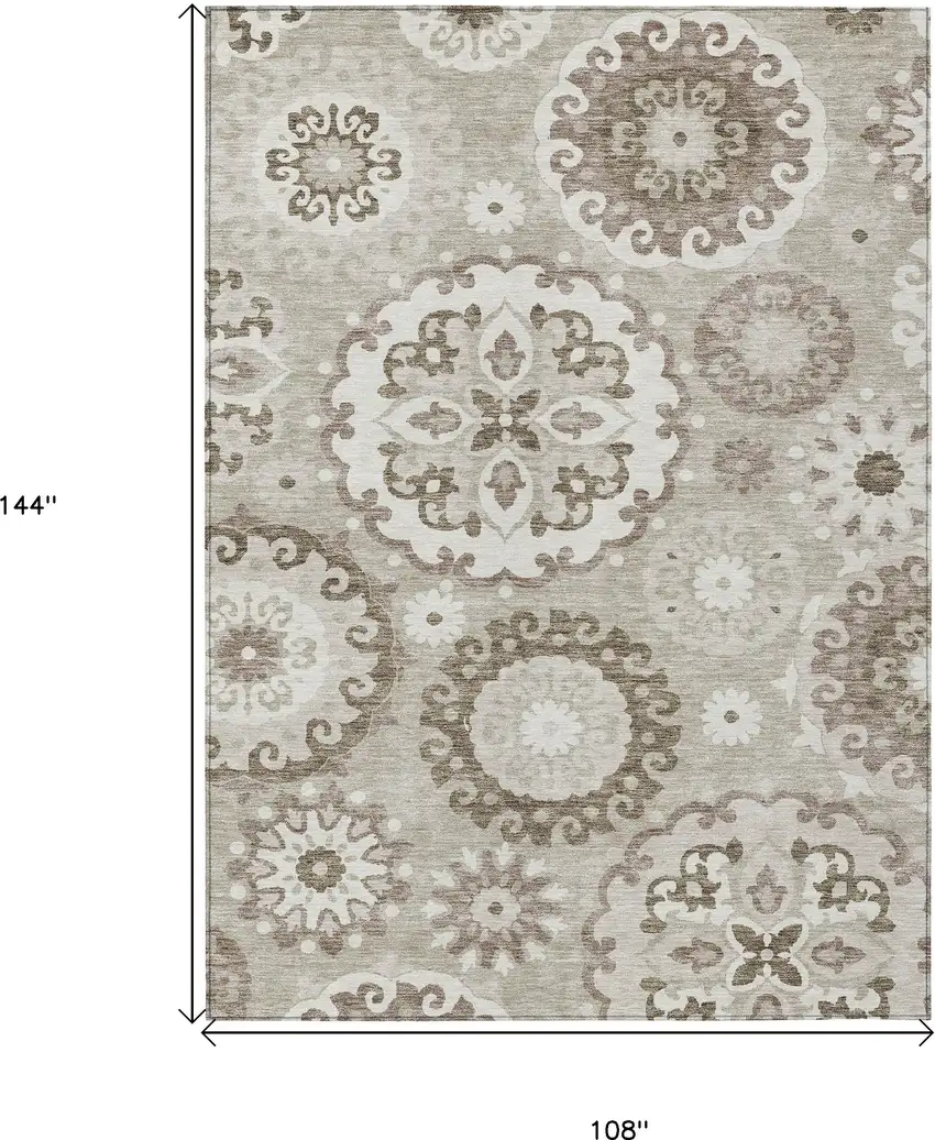 Taupe Beige And Brown Floral Medallion Washable Indoor Outdoor Area Rug Photo 3