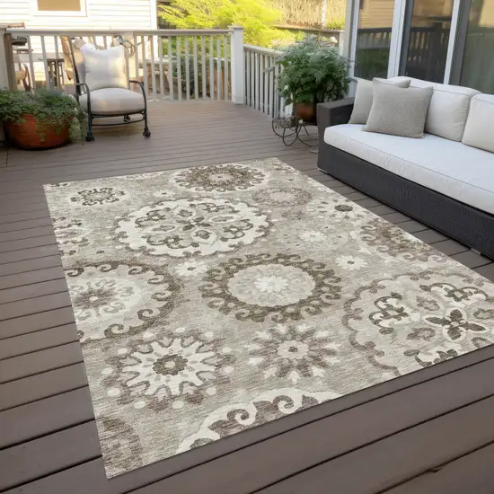 Taupe Beige And Brown Floral Medallion Washable Indoor Outdoor Area Rug Photo 9
