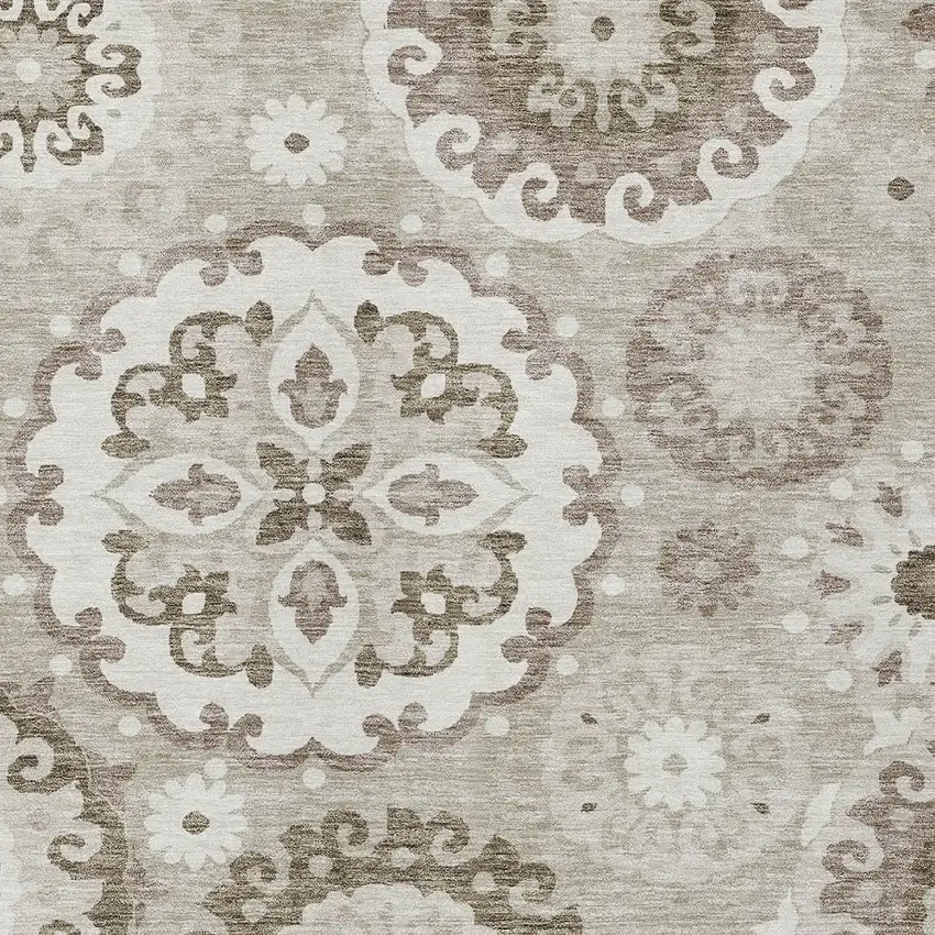 Taupe Beige And Brown Floral Medallion Washable Indoor Outdoor Area Rug Photo 4