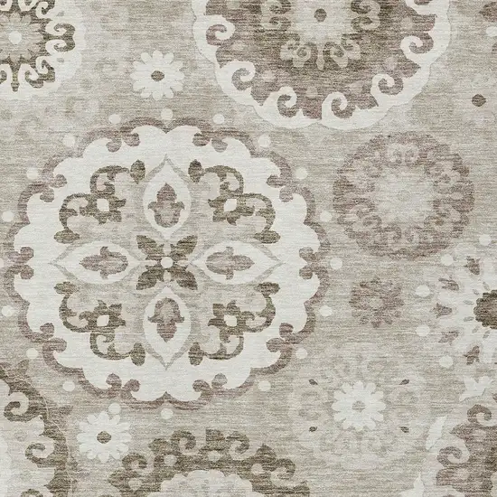 Taupe Beige And Brown Floral Medallion Washable Indoor Outdoor Area Rug Photo 4