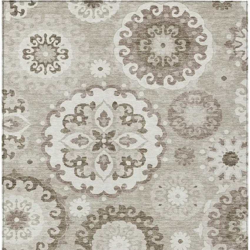 Taupe Beige And Brown Floral Medallion Washable Indoor Outdoor Area Rug Photo 5