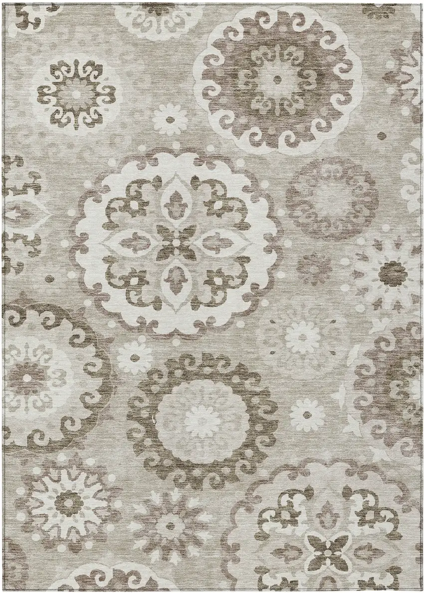Taupe Beige And Brown Floral Medallion Washable Indoor Outdoor Area Rug Photo 1