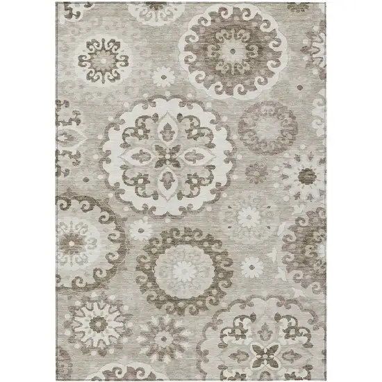 Taupe Beige And Brown Floral Medallion Washable Indoor Outdoor Area Rug Photo 1