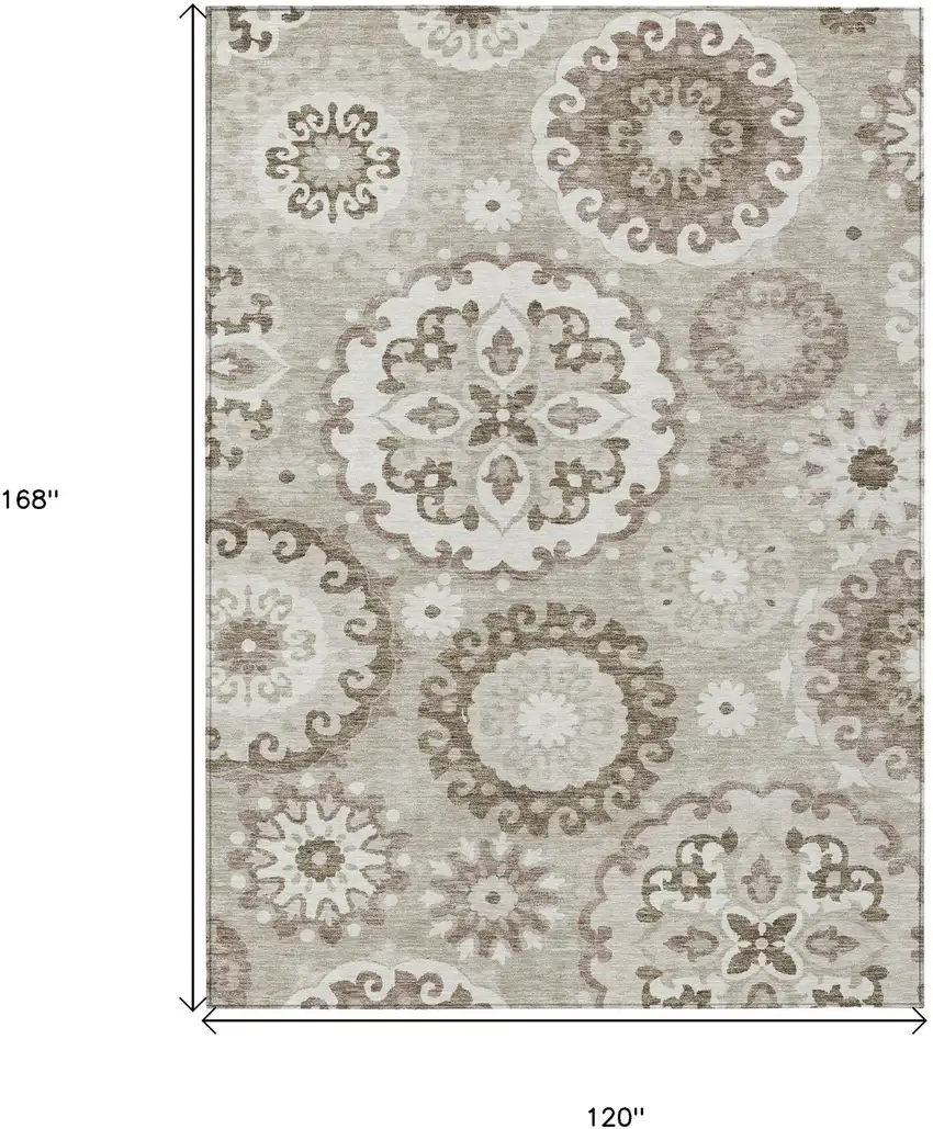 Taupe Beige And Brown Floral Medallion Washable Indoor Outdoor Area Rug Photo 3