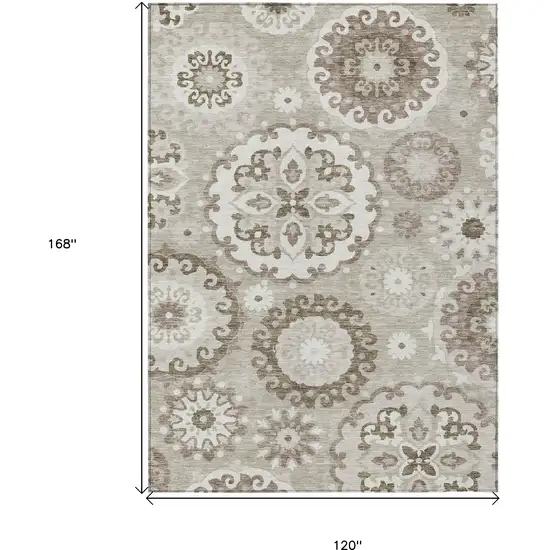 Taupe Beige And Brown Floral Medallion Washable Indoor Outdoor Area Rug Photo 3