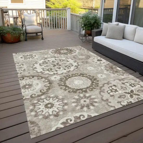 Taupe Beige And Brown Floral Medallion Washable Indoor Outdoor Area Rug Photo 9