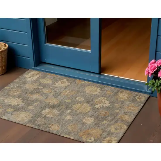 Taupe Beige And Brown Floral Washable Indoor Outdoor Area Rug Photo 1