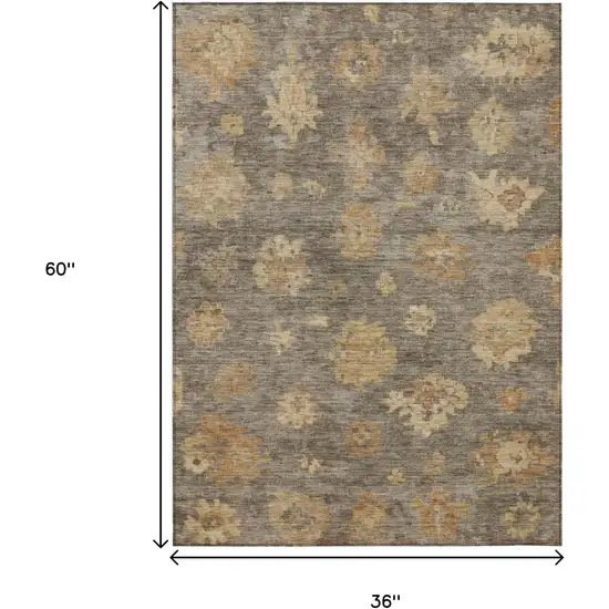 Taupe Beige And Brown Floral Washable Indoor Outdoor Area Rug Photo 3