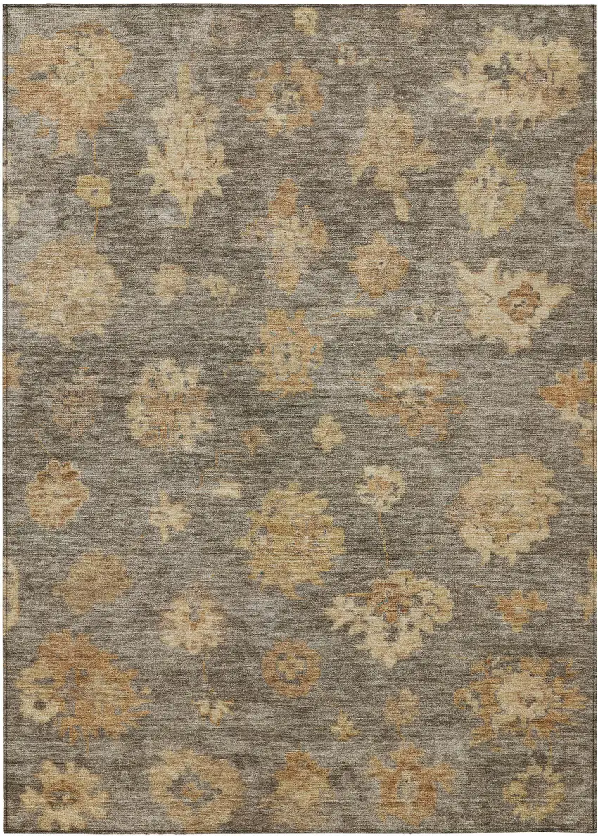 Taupe Beige And Brown Floral Washable Indoor Outdoor Area Rug Photo 2
