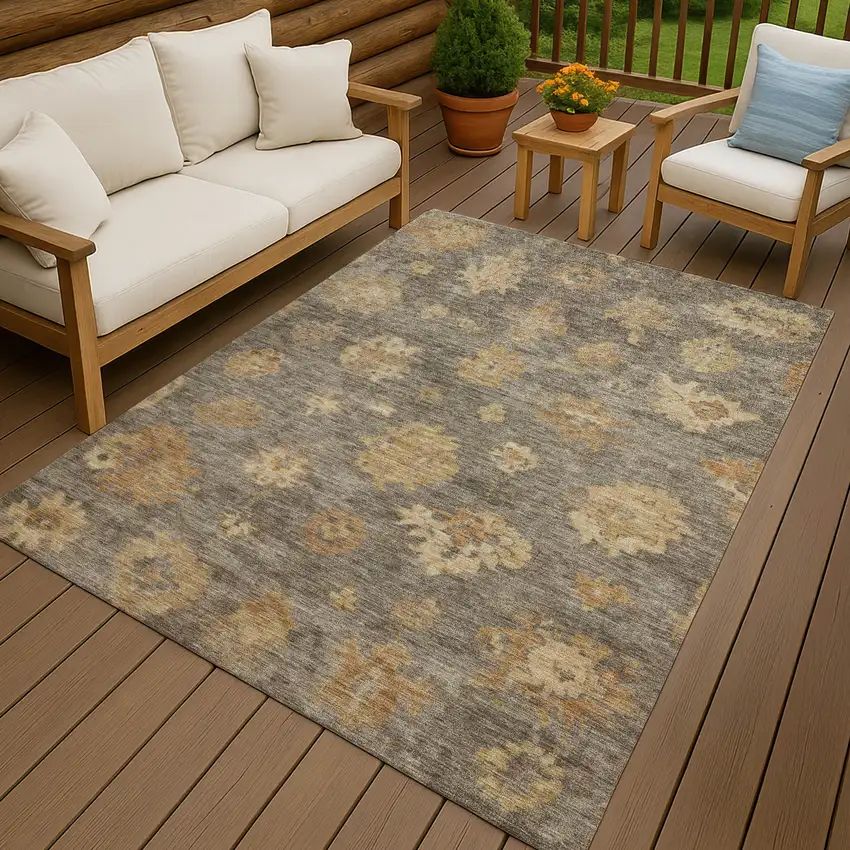 Taupe Beige And Brown Floral Washable Indoor Outdoor Area Rug Photo 9