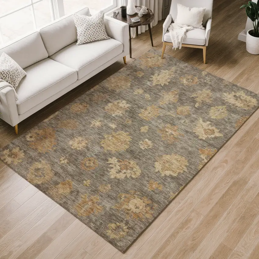 Taupe Beige And Brown Floral Washable Indoor Outdoor Area Rug Photo 8