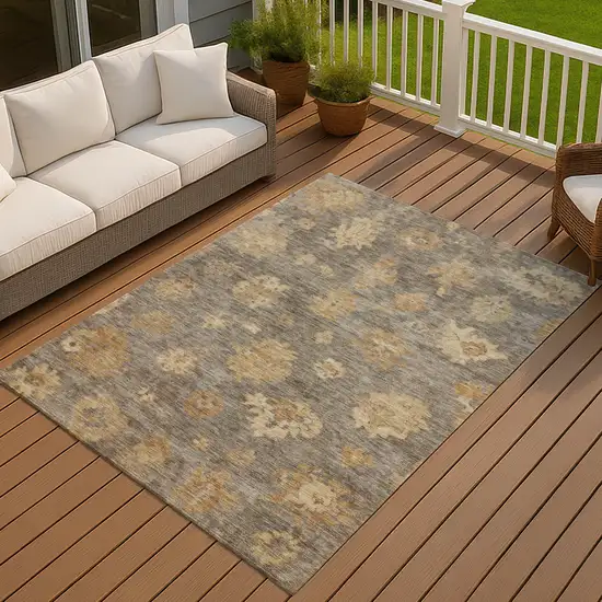 Taupe Beige And Brown Floral Washable Indoor Outdoor Area Rug Photo 7