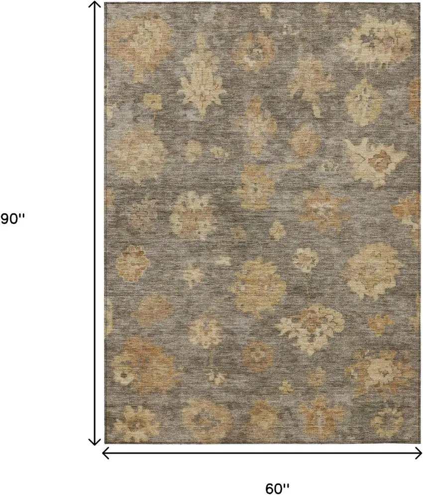 Taupe Beige And Brown Floral Washable Indoor Outdoor Area Rug Photo 3