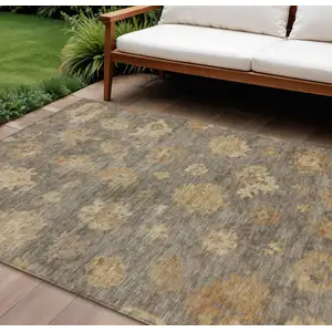 Photo of Taupe Beige And Brown Floral Washable Indoor Outdoor Area Rug