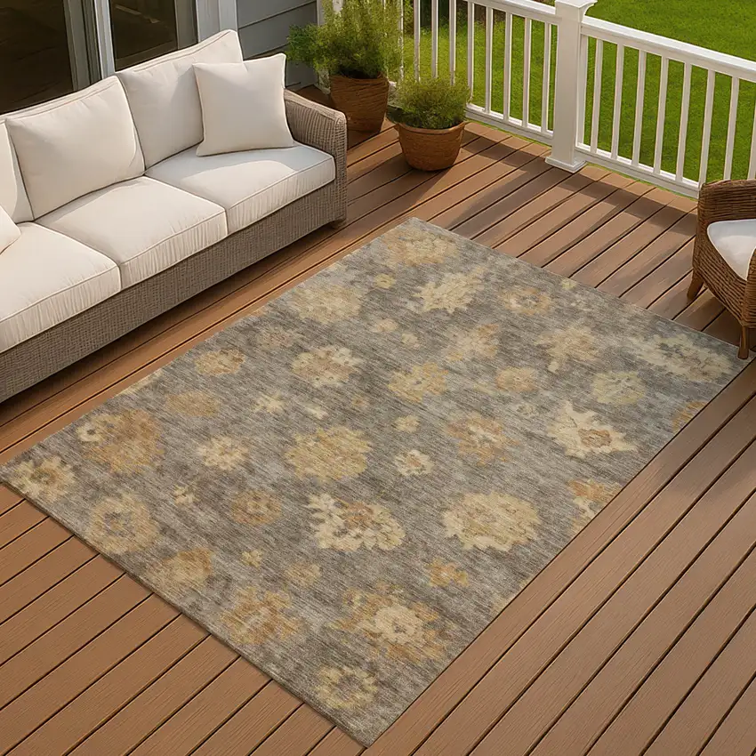 Taupe Beige And Brown Floral Washable Indoor Outdoor Area Rug Photo 8