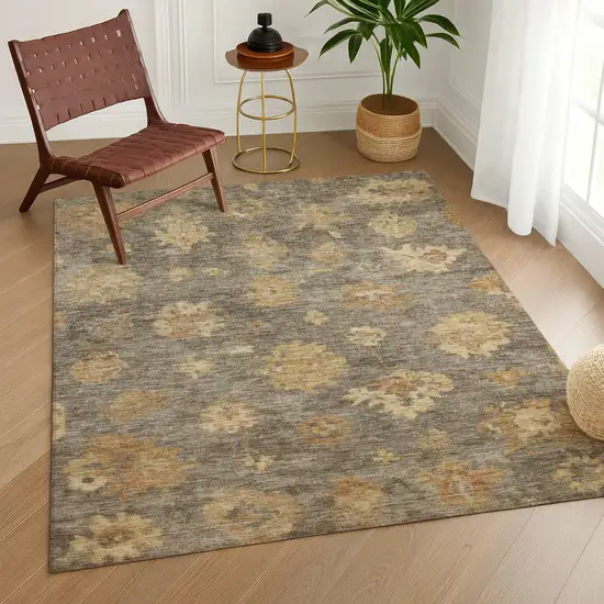 Taupe Beige And Brown Floral Washable Indoor Outdoor Area Rug Photo 9